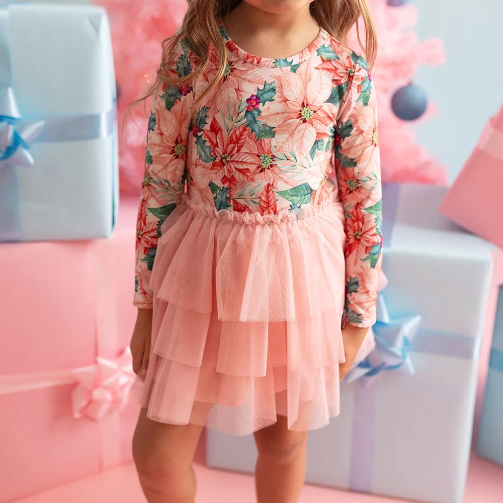 NWT - Posh Peanut - Tulle Tiered Dress - Pattern: Poinsettia - Size: 10-12 years